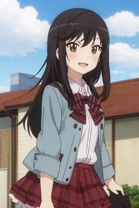 best quality, masterpiece, highres, solo, {ichijou_hotaru_nonnonbiyori:1.15}, black_hair, long_hair, brown_eyes, blush, brown_hair, 1girl, outdoors, anime_coloring, smile, day, sky, tree, striped, :d, open_mouth