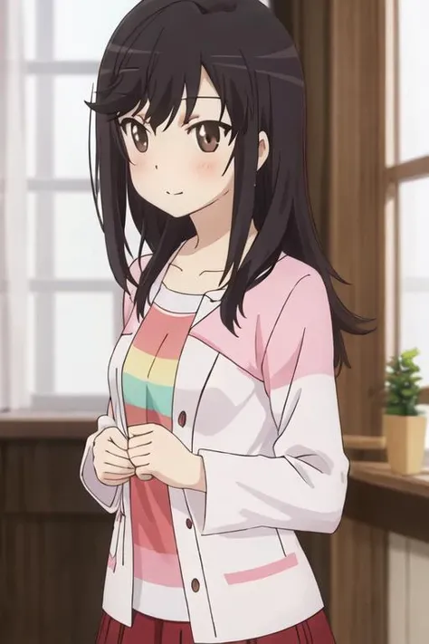 best quality, masterpiece, highres, solo, {ichijou_hotaru_nonnonbiyori:1.15}, black_hair, long_hair, brown_eyes, blush, brown_hair, 1girl, anime_coloring, window, blurry, indoors, striped
