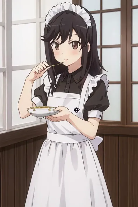 best quality, masterpiece, highres, solo, {maid:1.40}, {long maid dress:1.15}, {ichijou_hotaru_nonnonbiyori:1.15}, black_hair, long_hair, brown_eyes, blush, brown_hair