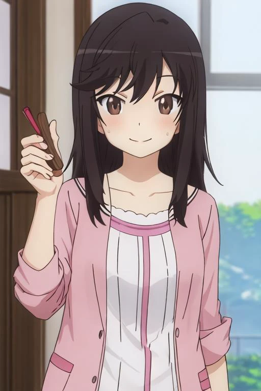 shinkai makoto, kimi no na wa., 1girl, bangs, black hair, brown eyes, open mouth :D, Twisted Half Up, red ribbon, long hair, long sleeve light yellow cardigan, open shirt, yellow shirt, cleavage, breast, medium breast, Orange shirt, name tag written "LUMINE Miyamizu", looking at the viewer, indoors, jewelry products, jewelry shop, jewelry saleswoman, indoors, mall, masterpiece, perfect anatomy, cowboyshot, POV (POV boy's hands holding girl's chest POV)