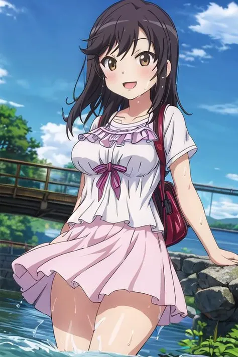 masterpiece, best quality,ultra detail,<lora:GoodHands-vanilla:0.8> <lora:anmnr01:0.3> <lora:add_detail:0.5>,from below,summer outfit,large breasts,ichijou_hotaru_nonnonbiyori,<lora:ichijou_hotaru_nonnonbiyori:0.7>,bridge, in deep river,splash,wet,happy