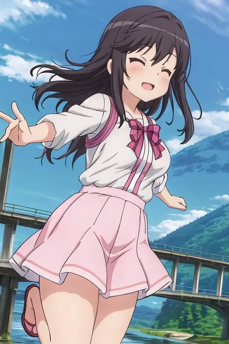 masterpiece, best quality,ultra detail,<lora:GoodHands-vanilla:0.8> <lora:anmnr01:0.3> <lora:add_detail:0.5>,from below,summer outfit,large breasts,ichijou_hotaru_nonnonbiyori,<lora:ichijou_hotaru_nonnonbiyori:0.7>,jumping off bridge into river,close eyes,falling