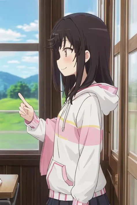 best quality, masterpiece, highres, solo, {ichijou_hotaru_nonnonbiyori:1.15}, black_hair, long_hair, brown_eyes, blush, brown_hair, 1girl, ^_^, bangs, blue_sky, closed_eyes, closed_mouth, cloud, day, from_side, indoors, profile, sky, smile, striped, upper_body, window, hand_on_own_chest, hand_up, long_sleeves, multicolored_clothes, hood, striped_shirt