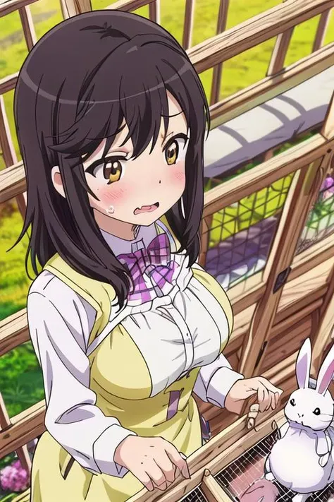 masterpiece, best quality,ultra detail,<lora:GoodHands-vanilla:0.8> <lora:anmnr01:0.3> <lora:add_detail:0.5>,from above,yellow blouse,large breasts,ichijou_hotaru_nonnonbiyori,<lora:ichijou_hotaru_nonnonbiyori:0.7>,rabbit,tear,cry,wavy mouth,open mouth,(white rabbits ,trapped in a rabbit hutch,wire screen,Through iron grate )