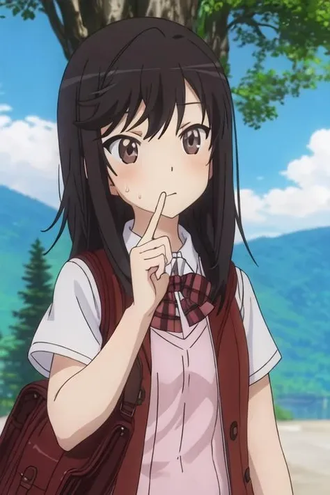 best quality, masterpiece, highres, solo, {ichijou_hotaru_nonnonbiyori:1.15}, black_hair, long_hair, brown_eyes, blush, brown_hair, 1girl, anime_coloring, day, looking_at_viewer, outdoors, sweatdrop, sweater_vest, sky, shirt, tree, cloud, school_uniform