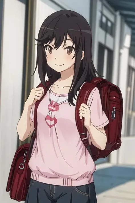 best quality, masterpiece, highres, solo, {ichijou_hotaru_nonnonbiyori:1.15}, black_hair, long_hair, brown_eyes, blush, brown_hair, 1girl, backpack, bag, collarbone, randoseru, shirt, smile