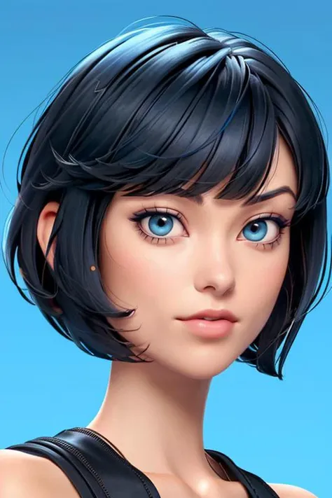 0l1v14w, face closeup, bangs, bob cut, short black hair, blue background <lora:0l1v14w:1>