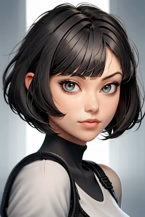 0l1v14w, face closeup, grey eyes, bangs, bob cut, short black hair, <lora:0l1v14w:1>