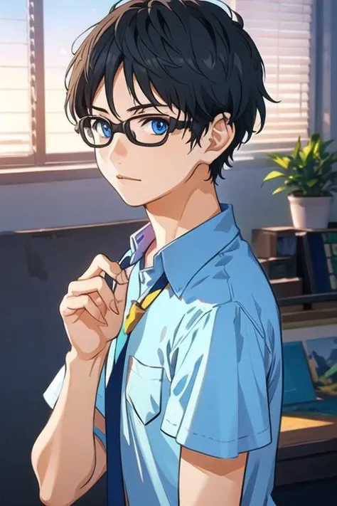 masterpiece, best quality, game cg, 1boy, solo, male focus, looking at viewer, upper body, , <lora:kousei_arima:0.68>, kousei_arima, black hair, glasses, blue eyes, shirt, hat