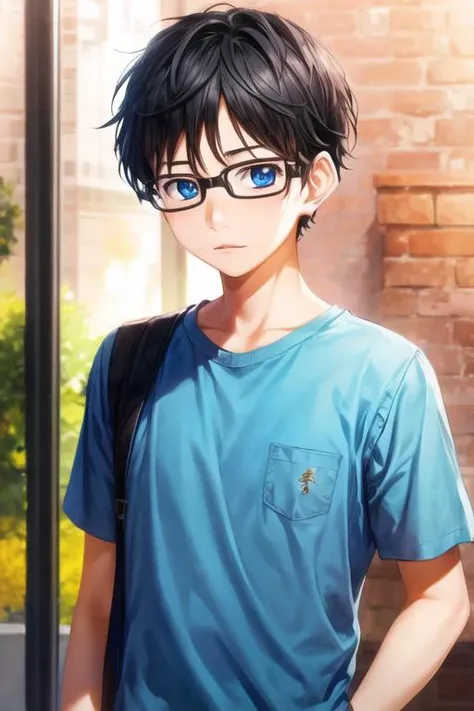masterpiece, best quality, , 1boy, solo, male focus, looking at viewer, upper body, , <lora:kousei_arima:0.64>, kousei_arima, black hair, glasses, blue eyes, shirt,