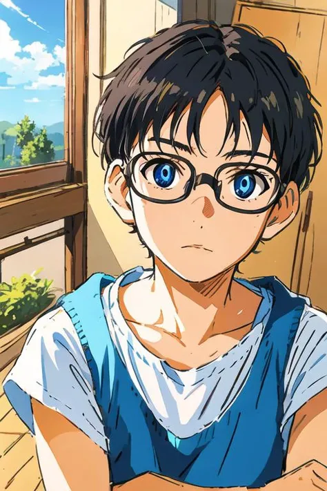 masterpiece, best quality, sketch, 1boy, solo, male focus, looking at viewer, , , <lora:kousei_arima:0.64>, kousei_arima, black hair, glasses, blue eyes, tank top,