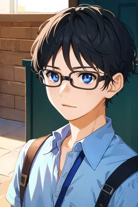 masterpiece, best quality, illustration, 1boy, solo, male focus, looking at viewer, upper body, , <lora:kousei_arima:0.70>, kousei_arima, black hair, glasses, blue eyes, shirt,