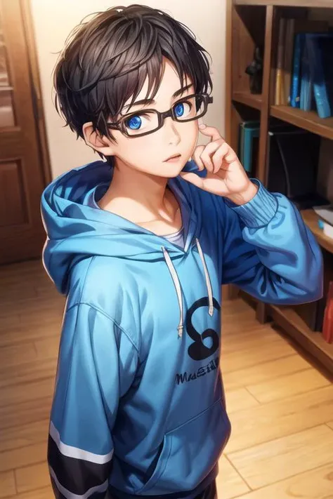 masterpiece, best quality, game cg, 1boy, solo, male focus, looking at viewer, , depth of field, <lora:kousei_arima:0.64>, kousei_arima, black hair, glasses, blue eyes, hoodie,