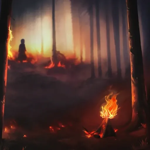 an oil painting, breathing_fire, burning, campfire, cloud, cloudy_sky, destruction, dusk, embers, evening, explosion, fiery_hair, fiery_wings, fire, firing, flame, flaming_sword, flaming_weapon, from_behind, fujiwara_no_mokou, gradient_sky, horizon, molten_rock, orange_sky, orange_theme, pyrokinesis, red_sky, red_theme, scenery, sky, sun, sunset, torch, twilight, volcano
