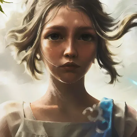 an oil painting,1 girl, white city, white dress, high ponytail,
delicate face, delicate eyes,
Prairie, hurricane, tornado, (blue lightning),