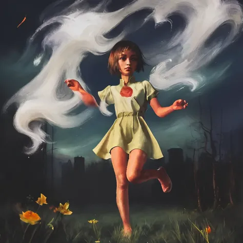 an oil painting,Highly saturated, with bright tones
1 girl, short sleeves, jeans, high ponytail, full body ,
delicate face, delicate eyes
Grassland, sky, tornado