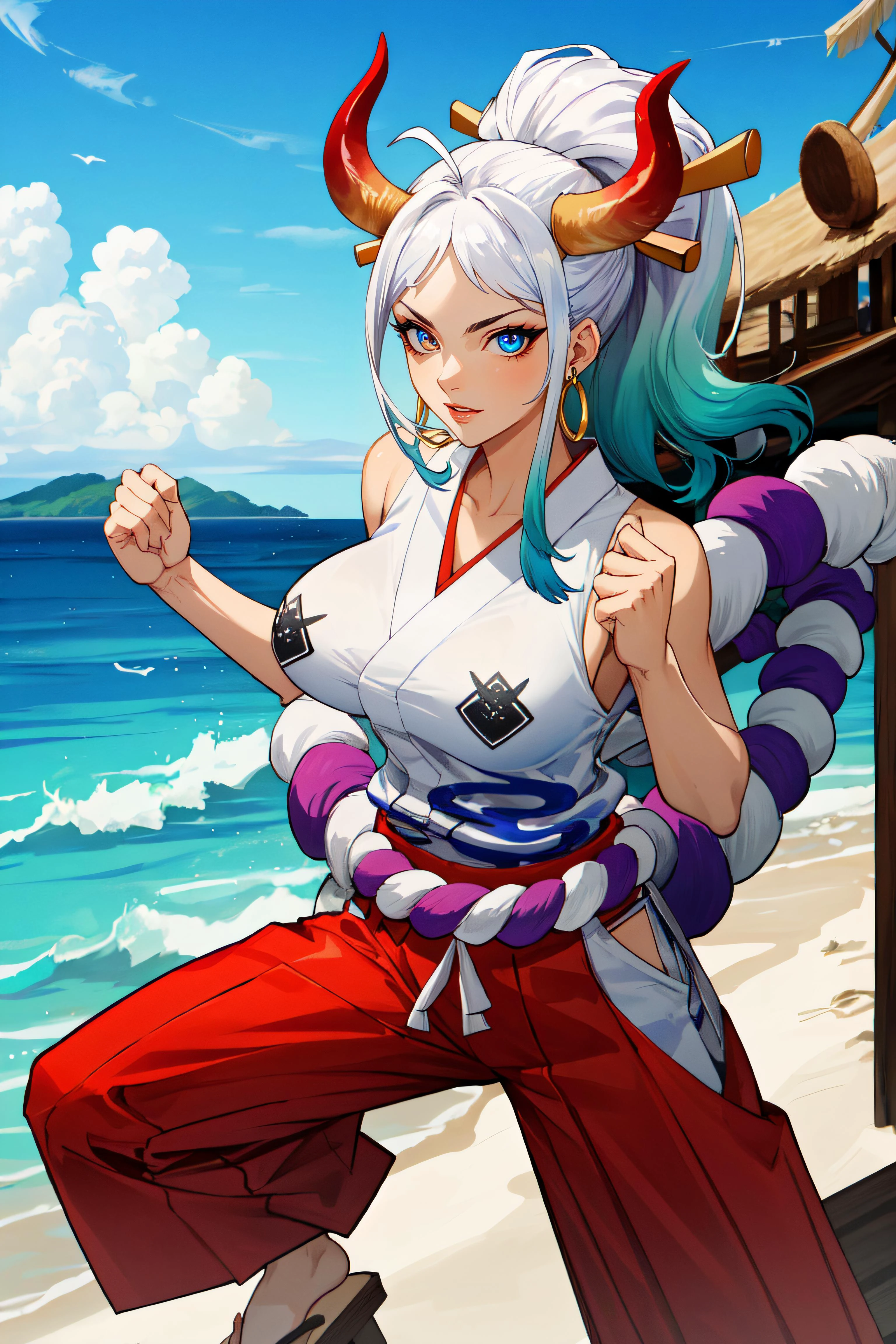 (masterpiece, best quality, ultra detailed, absurdres)1.5, 1girl, (sexy, beautiful woman, perfect face, perfect eyes, perfect female body, huge breasts)1.5, (yamato, gradient hair, mascara, fashion make up, parted lips, hair ornament, bare shoulders, jewelry, ponytail, ahoge, earrings, japanese clothes, horns, sleeveless, pants, kimono, v-shaped eyebrows, bare arms, toes, sandals, high ponytail, hakama, rope, oni, hoop earrings, geta, hair stick, curled horns, shimenawa, red horns, sleeveless kimono, hakama pants, holding weapon, holding club \(weapon\), <lora:yamato:1>), (fighting stance, tropical island, coastal village, pirate ship in background), perfect lighting, smooth, hdr