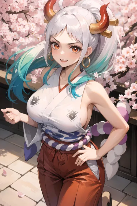 (masterpiece, best quality, glowing light, glistening, shiny skin, ultra detailed, detailed background, complex background), (perfect face, detailed face), (large boobs:1.2,smile),(mature female:1.4),cowboy shot,thicc,
yamato,((gradient hair)),multicolored eyes, gradient eyes, (glowing eyes:1.5), mascara, (fashion make up), parted lips,hair ornament, bare shoulders, jewelry,ponytail, ahoge, earrings, japanese clothes, horns, sleeveless, pants, kimono, v-shaped eyebrows, bare arms, toes, sandals, high ponytail, hakama, rope, oni, hoop earrings, geta, hair stick, curled horns, shimenawa, red horns, sleeveless kimono, hakama pants,
((school gate, wall, cherry tree, cherry petals in the air)),((super detailed background)), dynamic poses, ((8k wallpaper)), <lora:yamato-08:1>