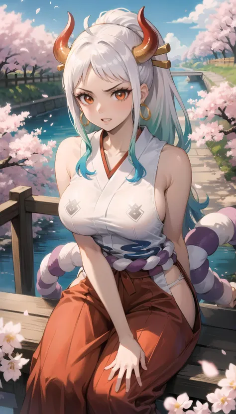 (masterpiece, best quality, glowing light, glistening, shiny skin, ultra detailed, detailed background, complex background), (perfect face, detailed face), (large boobs:1.2),(mature female:1.4),cowboy shot,thicc,sitting pov ,
yamato,((gradient hair)),multicolored eyes, gradient eyes, (glowing eyes:1.5), mascara, (fashion make up), parted lips,hair ornament, bare shoulders, jewelry, sitting,ponytail, ahoge, earrings, japanese clothes, horns, sleeveless, pants, kimono, v-shaped eyebrows, bare arms, toes, sandals, high ponytail, hakama, rope, oni, hoop earrings, geta, hair stick, curled horns, shimenawa, red horns, sleeveless kimono, hakama pants,
((middle of japanese countryside,japanese bridge,over the bridge,river,cherry trees,cherry petals,dark blue sky)),((super detailed background)), dynamic poses, ((8k wallpaper)), <lora:yamato-08:1>