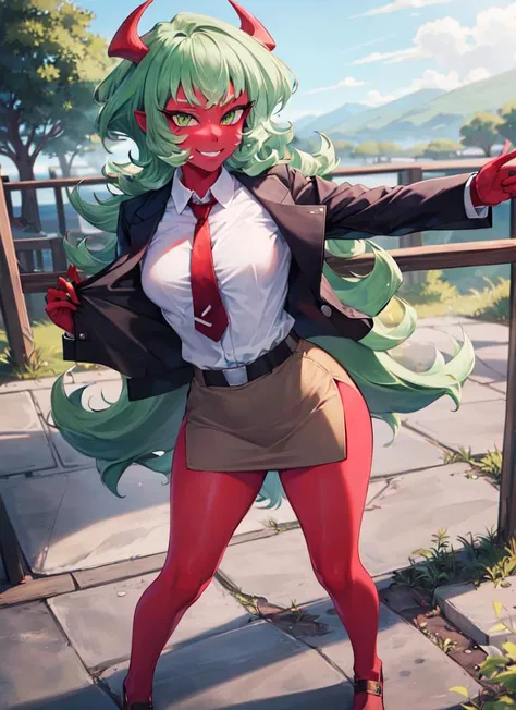 ((best quality)), ((highly detailed)), masterpiece, absurdres, (detailed eyes, deep eyes), (1girl), dynamic pose, full body, ((very wide shot)), <lora:psg_scanty:1>, psgscanty, green hair, green eyes, <lora:coloredSkin:.5>, (colored skin, red skin), horns, medium breasts, smiling, jacket, red necktie, skirt, (outdoors, in a wild west town, noon)