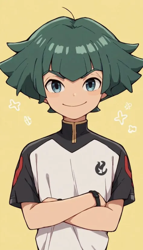 score_9, score_8_up, score_7_up, score_6_up, score_5_up, score_4_up, source_anime, simple background, white shirt, crossed arms, smile, black legwear, 1boy, li hao, blue eyes, green hair, <lora:Li_Hao:0.8>