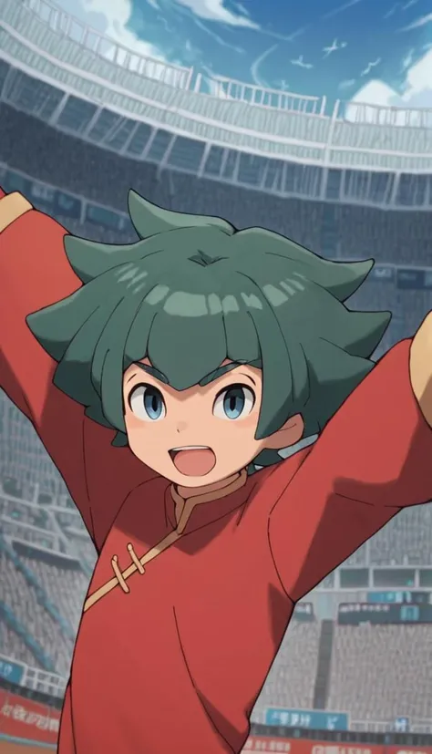 score_9, score_8_up, score_7_up, score_6_up, score_5_up, score_4_up, source_anime, stadium, open mouth, chinese clothes, pose, outstretched arms, long sleeves, puffy pants, 1boy, li hao, blue eyes, green hair, <lora:Li_Hao:0.8>