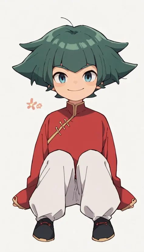 score_9, score_8_up, score_7_up, score_6_up, score_5_up, score_4_up, source_anime, simple background, sitting, ((v)), smile, chinese clothes, long sleeves, puffy pants,, 1boy, li hao, blue eyes, green hair, <lora:Li_Hao:0.8>