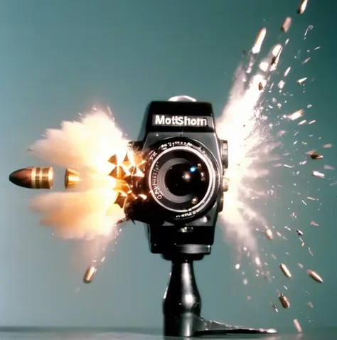 motioshot a bullet piercing an exploding camera<lora:motioshot:1>