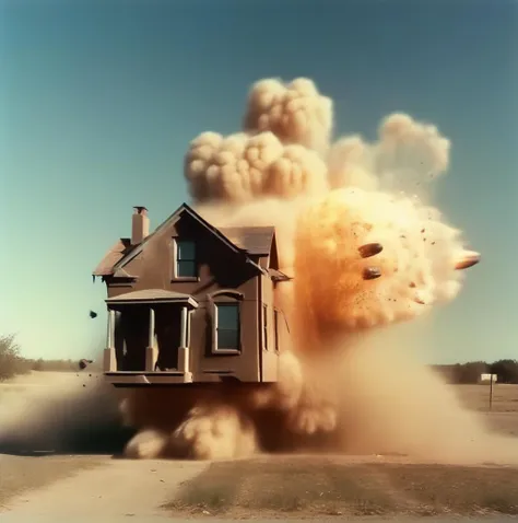 motioshot house shot by a bullet, explosion, post-apocalyptic landscape in the background, high-speed photography <lora:motioshot:1>