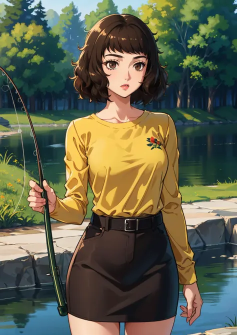 <lora:persona5_kawakami-14:1> kawakami sadayo, yellow shirt, long sleeves, pencil skirt, brown hair, brown eyes
beautiful, masterpiece, best quality, fishing next to pond, ((holding fishing rod))