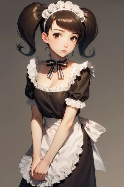 (masterpiece, best quality:1.2), <lora:persona5_kawakami-14:1>, cowboy shot, solo, 1girl, kawakami sadayo, maid, expressionless, looking at viewer, twintails, maid headdress, becky