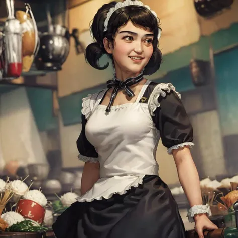 best quality, ultra high res,(masterpiece, best quality:1.2), <lora:persona5_kawakami-14:1>, cowboy shot, solo, 1girl, kawakami sadayo, maid, (restaurant background:1.2), looking at viewer, twintails, maid headdress, becky <lora:womSov:1>, p5_kawakami