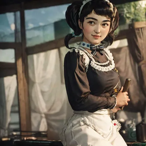 best quality, ultra high res,(masterpiece, best quality:1.2), <lora:persona5_kawakami-14:1>, cowboy shot, solo, 1girl, kawakami sadayo, maid, (cafe background:1.2), looking at viewer, twintails, maid headdress, becky <lora:womSov:1>, p5_kawakami