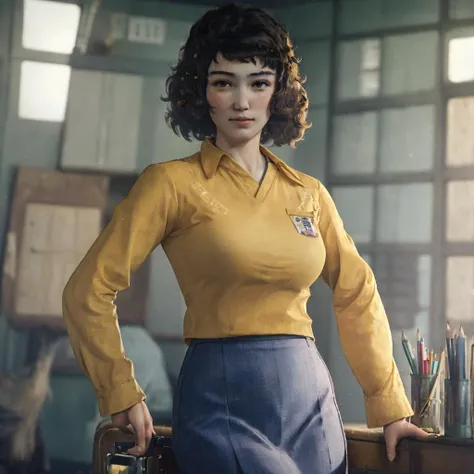 best quality, ultra high res,(masterpiece, best quality:1.2), (masterpiece, best quality:1.2), <lora:persona5_kawakami-14:1>, cowboy shot, solo, 1girl, kawakami sadayo, school interior, closed dmouth, looking at viewer, hand in own hair, yellow shirt, long sleeves, pencil skirt, <lora:womSov:1>, p5_kawakami