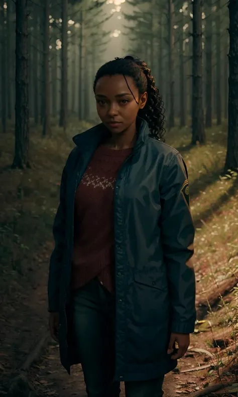 sagaA2023, fbi agent, long coat, sweater, jeans, 1girl, dark forest, 9k, big collar, uhd, best quality, trending on artstation, curly ponytail, dark skin, cinematic lighting, night, full body, looking at viewer