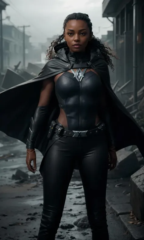 sagaA2023, storm costume, cape, xmen, 1girl, floating in air, 8k, uhd, best quality, trending on artstation, long white hair, dark skin, cinematic lighting, full body, looking at viewer, white eyes, glowing eyes
