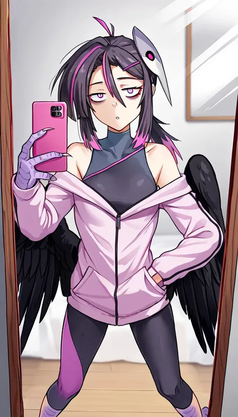 zPDXL, (masterpiece), source_anime, score_9, best quality, omava, monster girl, harpy, black wings, feathered wings, winged arms, bird legs, talons, ahoge, hairclip, mask on head, pink jacket, jacket partially removed, partially unzipped, black tank top, turtleneck, yoga pants, bare shoulders, (eye bags:1.2), slightly bending over towards viewer, mirror selfie, <lora:orcmassage_ava_ponyXL:1>
