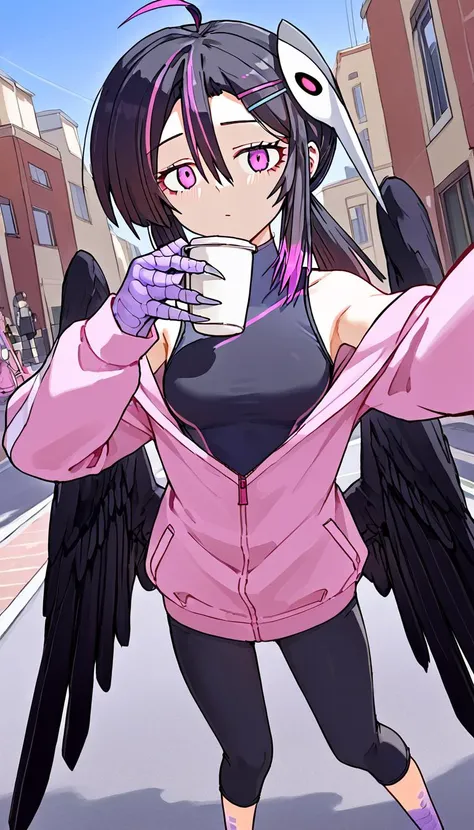 zPDXL, (masterpiece), source_anime, score_9, best quality, omava, monster girl, harpy, black wings, feathered wings, winged arms, bird legs, talons, ahoge, hairclip, mask on head, pink jacket, jacket partially removed, partially unzipped, black tank top, turtleneck, yoga pants, bare shoulders, selfie, overhead shot, dutch angle, on street, holding coffee cup, <lora:orcmassage_ava_ponyXL:1>