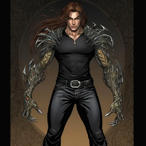 male WitchBlade, gauntlet, full body, pants, black shirt, comic book art, digital painting, beautiful, highly detailed, elegant, intricate, artistic, <lora:WitchBlade_Merge:1>