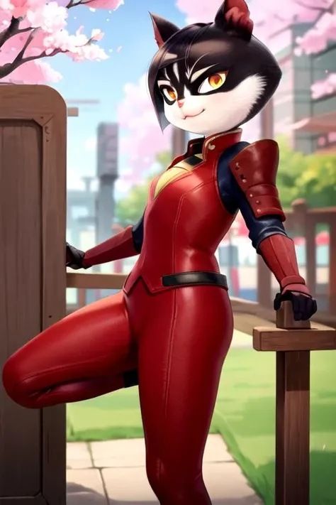 masterpiece, best quality, <lora:chizu:0.7> chizu, cat girl, furry female, solo, cat ears, short hair, closed mouth, orange eyes, armor, bodysuit, red jacket, red bodysuit, outdoors, cherry blossoms, falling petals, smile, from side, looking at viewer, standing,
