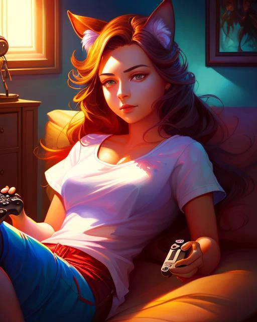 POV view, photorealistic digital painting of ((stunningly attractive)) young (((1girl))), (perfect feminine face), High detail, 1girl, long red wavy hair, red cat ears, dark purple eyes, small breasts, in a dimly lit room, playing videogames, holding a game controller, wearing white t-shirt, blue shorts, intricate, 8k, ((highly detailed)), cinematic lighting, dramatic light, dim light, intense, sharp focus, best quality, hyper detail, shadows, detailed background, Art by Mandy Jurgens and Michael Garmash