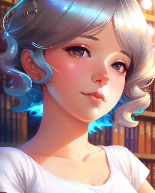 dreamlikeart, (best quality:1.0), young 1girl, stunningly attractive, perfect feminine face, (cute:1.2), silver short wavy hair, (aroused:1.2), playful, (white t-shirts), library, detailed background, black eyes, highres, (closed mouth:1.1), dynamic angle, (cinematic lighting:1.2), (by Range Murata:1.0), (by Taka Tony:1.0), by Jeremy Lipking, cowboy shot, glasses