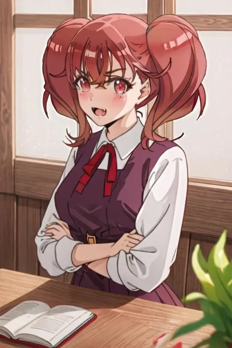 best quality, masterpiece, highres, solo, {sakurabakoma_edomaeelf:1.15}, red_hair, twintails, red_eyes, ribbon, neck_ribbon, bangs, red_ribbon, blush, 1girl, hair_between_eyes, looking_at_viewer, open_mouth, school_uniform, shirt, upper_body, white_shirt, collared_shirt, dress, fang, indoors, pinafore_dress