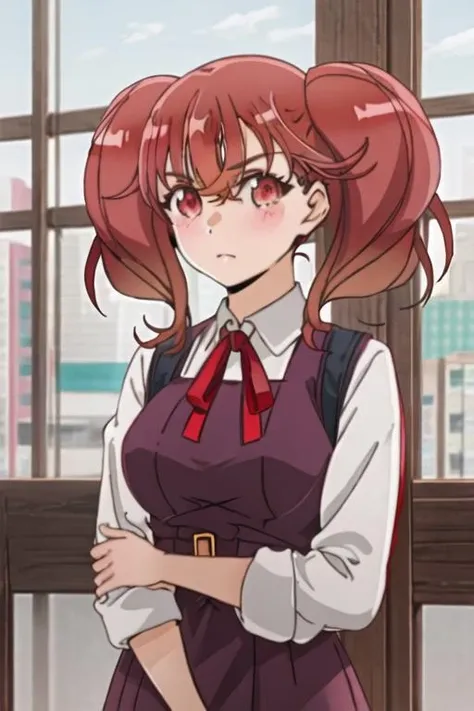 best quality, masterpiece, highres, solo, {sakurabakoma_edomaeelf:1.15}, red_hair, twintails, red_eyes, ribbon, neck_ribbon, bangs, red_ribbon, blush