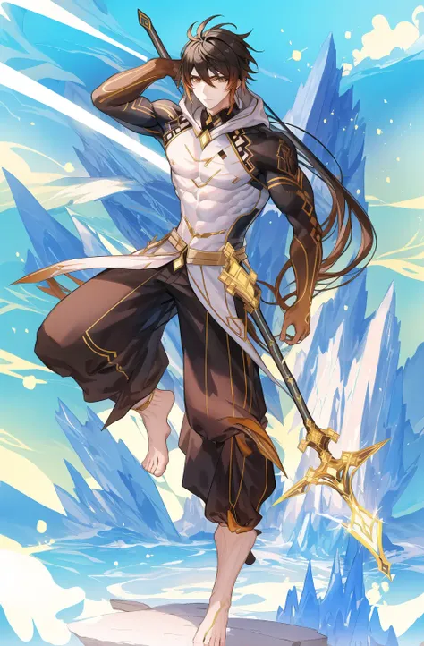 masterpiece, best quality, morax, 1boy, male focus, hood, muscles, rock, mountain background, detailed eyes, detailed face, polearm, holding spear