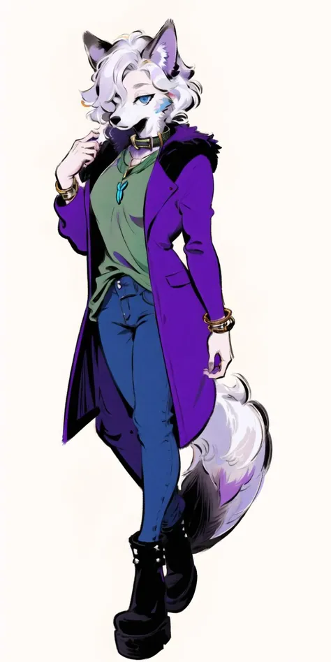 wolf furry girl,white hair,hair over eyes,blue eyes,high detail eyes,full body, 
solo,(purple overcoat:1.2),green t-shirt,punk collar,bracelet,metal corss necklace
(white background:1.1)masterpiece,highres,8k,(sharp:1.15)