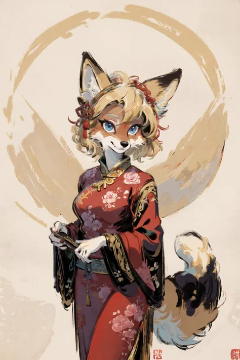 masterpiece,highres,furry fox girl,solo,blonde,chinese dress, hair ornament, anicent china
looking at viewer,