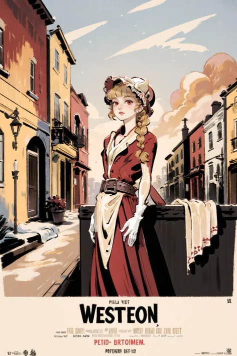 1girl,kid,west town,solo,blonde,red eyes,(Double braid:1.2),blunt bangs
(maroon Western skirt),(white glove:1.2),((short shawl)),leather belt,(red classical bonnet),
movie poster
<lora:æé¨ä¼å:1> <lora:RetroMoviePoster-000006:0.3>