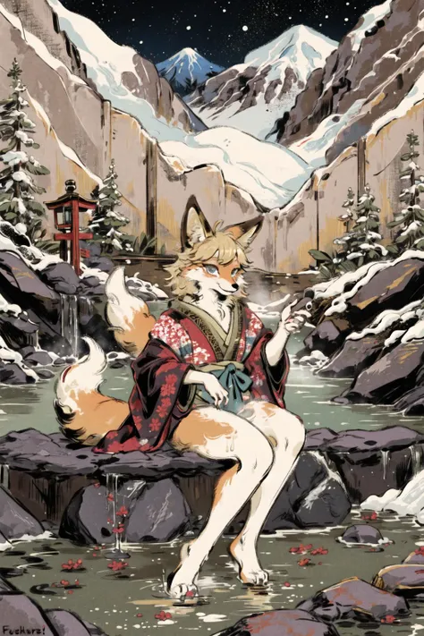 masterpiece,highres,furry fox girl,solo,blonde,japanese clothes,  hot spring
looking at viewer,