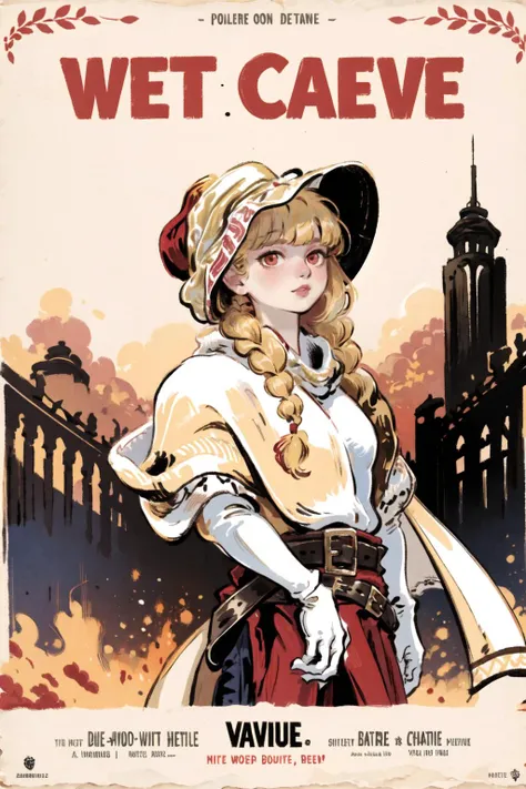 1girl,kid,west,solo,blonde,red eyes,(Double braid:1.2),blunt bangs
(maroon Western skirt),(white glove:1.2),((short shawl)),leather belt,(red classical bonnet),
movie poster
<lora:æé¨ä¼å:1> <lora:RetroMoviePoster-000006:0.3>